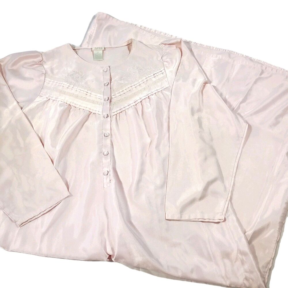 Vintage Aria Pink Satin Long Sleeve Night Gown Embroidered Buttons M